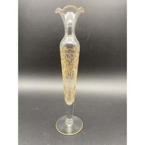VINTAGE GLASTONBURY LOTUS GLASS RUFFLED TOP BUD VASE WITH GOLD OVERLAY
